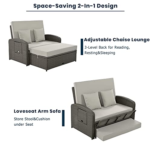 Outdoor Rattan Double Chaise Lounge with Adjustable Back and Cushions, 2-Person Reclining Daybed with Cup Trays, Patio Sunbed with Free Furniture Protection Cover, for Poolside Lawn, White