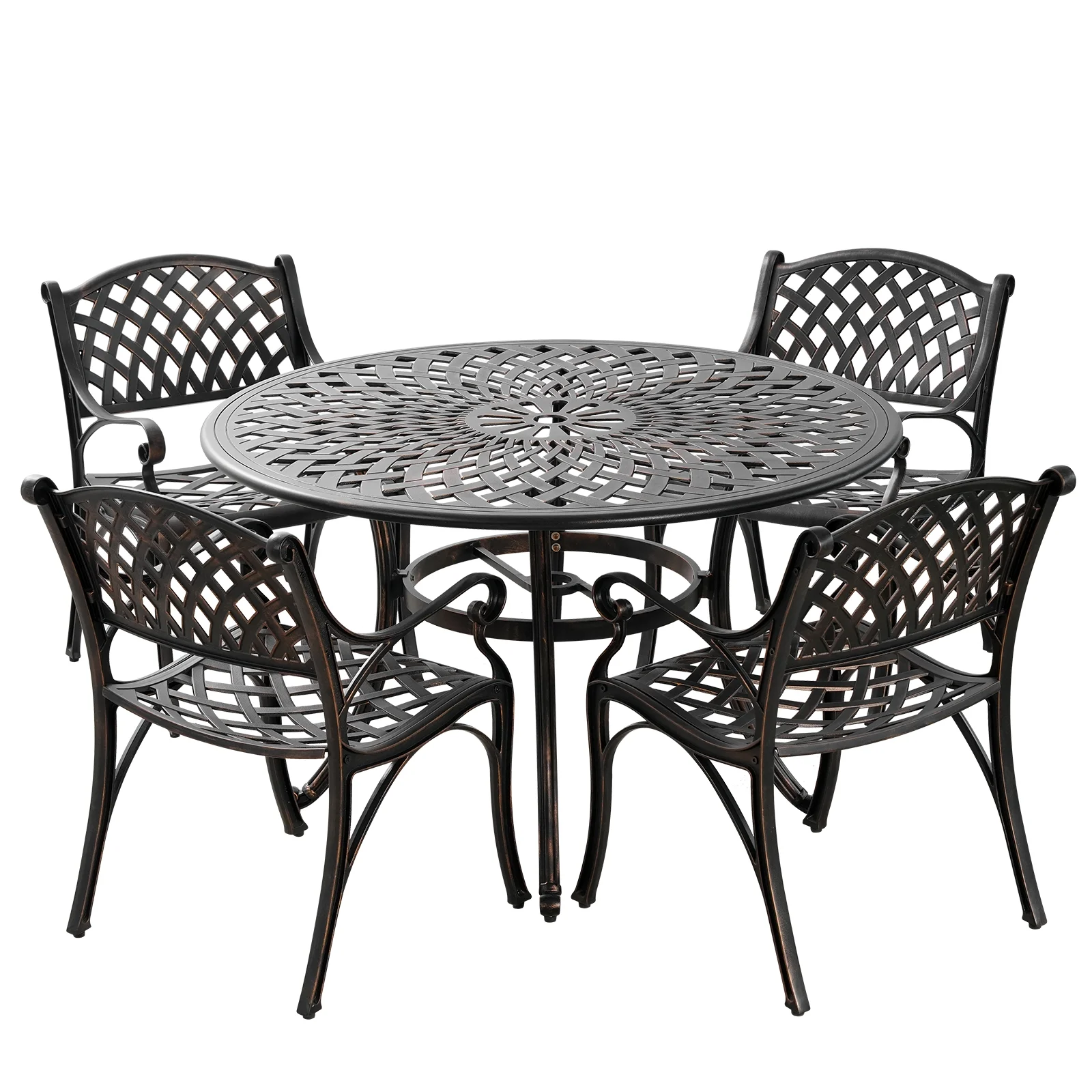 PATIO-IN 5 Piece Outdoor Patio Dining Sets Cast Aluminum Bistro Round Table and Chair Set with Umbrella Hole,Patio Furniture Set for Garden,Bronze
