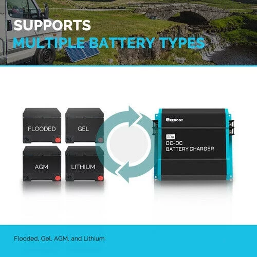 Renogy 12V 20A DC to DC On-Board Battery Charger for Flooded, Gel, AGM, and Lithium, Using Multi-Stage Charging in RVs, Commercial Vehicles, Boats, Yachts, 20A