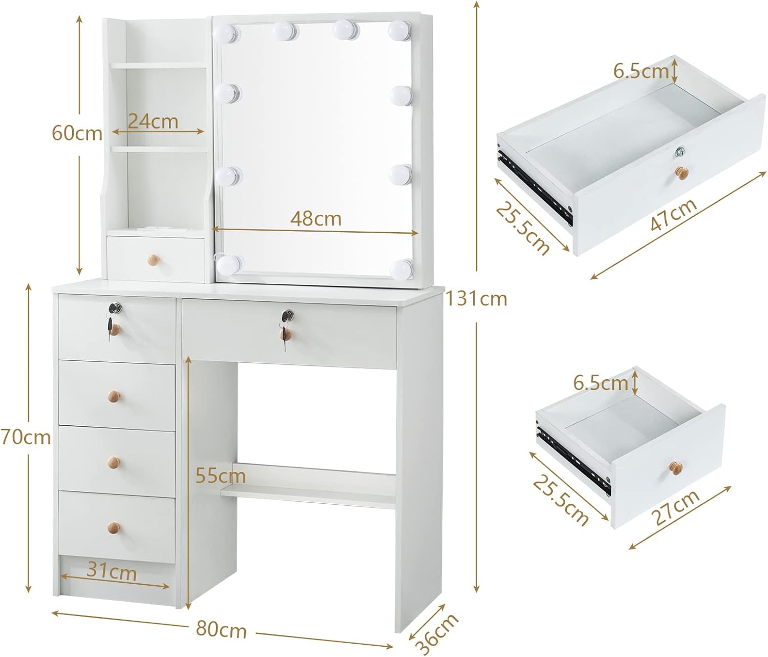 Vanity Desk with Lights,Makeup Vanity with Drawers, Vanity Set 3 Lighting Modes Brightness Adjustable, Dressing Table with Cushioned Stool for Bedroom (Modern LU05), 80*40*130CM, White