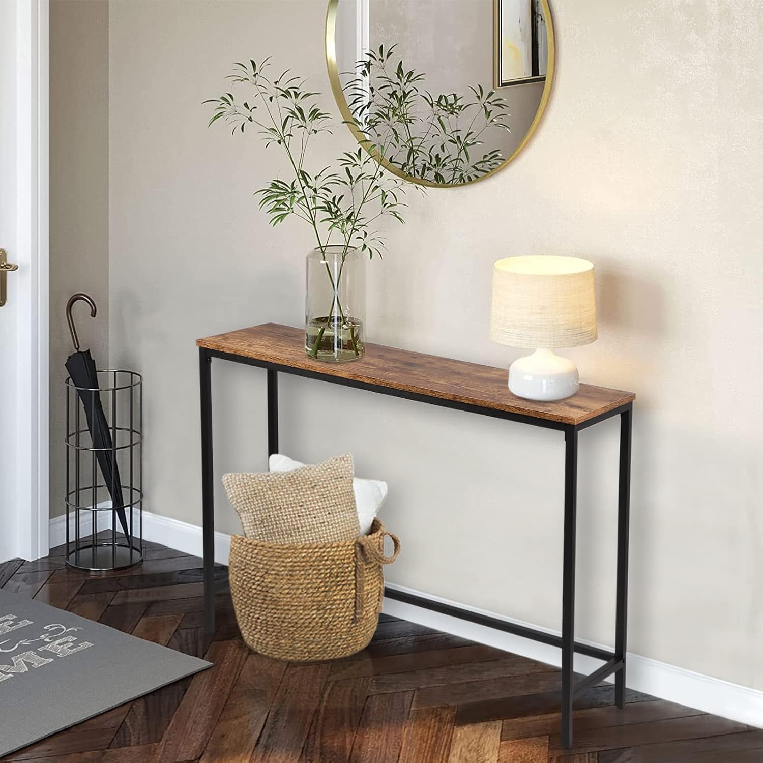 Console Table and Laundry Sorter 2 Section Bundles, Hallway Entrance Table, Rolling Laundry Basket with Wheels, for Living Room, Laundry Room, Rustic Brown