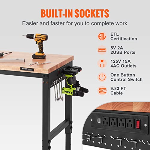 VEVOR 60" Adjustable Workbench, Heavay Duty Workstation 2000 LBS Load Capacity, with Power Outlets & Rubber Wood Top & Metal Frame & Foot Pads, for Workshop Office Home Garage