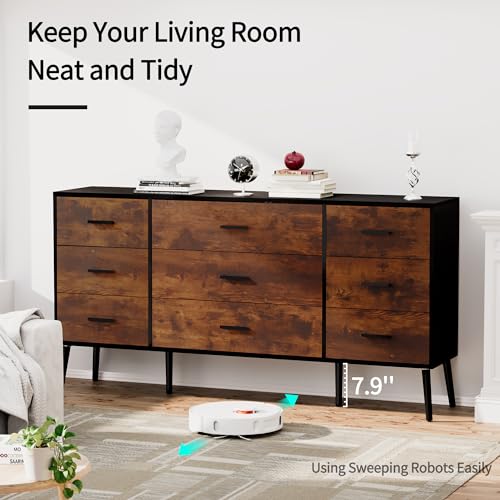 Scurrty 9 Drawer Dresser for Bedroom, White Dresser,Antique Storage Dresser with Wide Drawers, White Handles and Wooden Feet for Bedroom, Living Room&Hallway