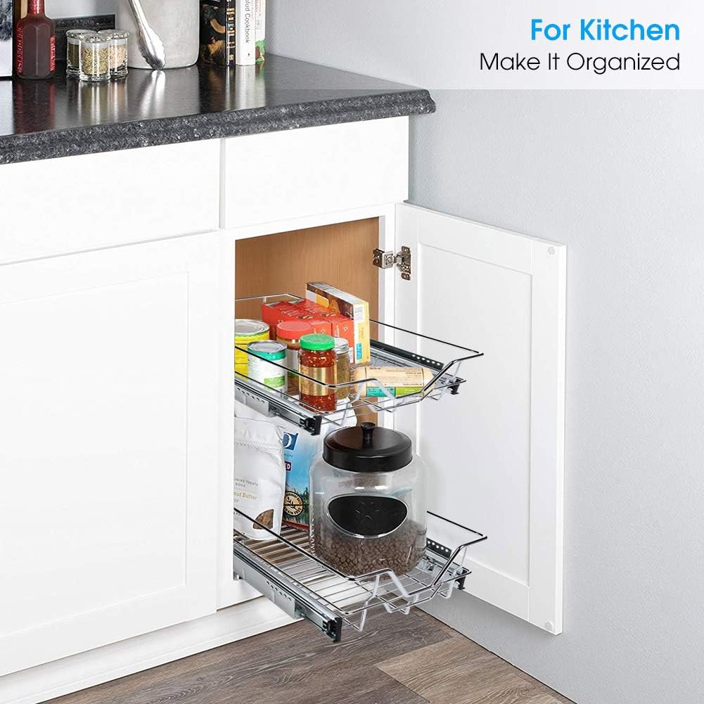 Kitchen Sliding Organizer, Cocoarm Pull Out Cabinet Shelf Sliding Drawer Organizer Chromes Wire Pots Pans Storage Basket for Kitchen Cabinet Bathroom, 12.4" Wide Fit Inside 15.7" Width Cabinet Pack of 2