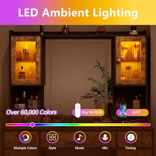 White Makeup Vanity Desk with Mirror and Lights, Large Vanity Table Set with Charging Station, Dressing Table with RGB Cabinets, Makeup Vanity Mirror with Lights Desk and Drawers, 3 LED Lights Modes