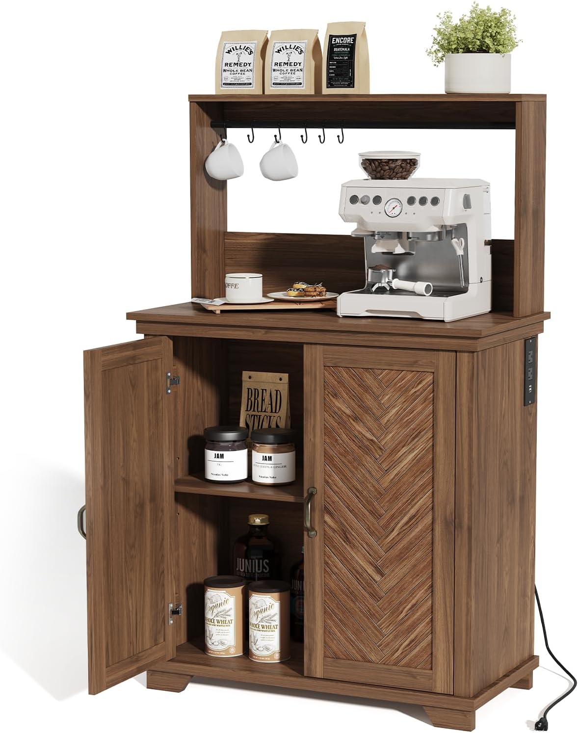 Coffee Bar Cabinet with Storage,Farmhouse Coffee Bar Table with Charging Station,Coffee Buffet Cabinet with 6 Hooks & Adjustable Shelf,Corner Coffee Bar Hutch for Living Dining Room,Kitchen,Walnut