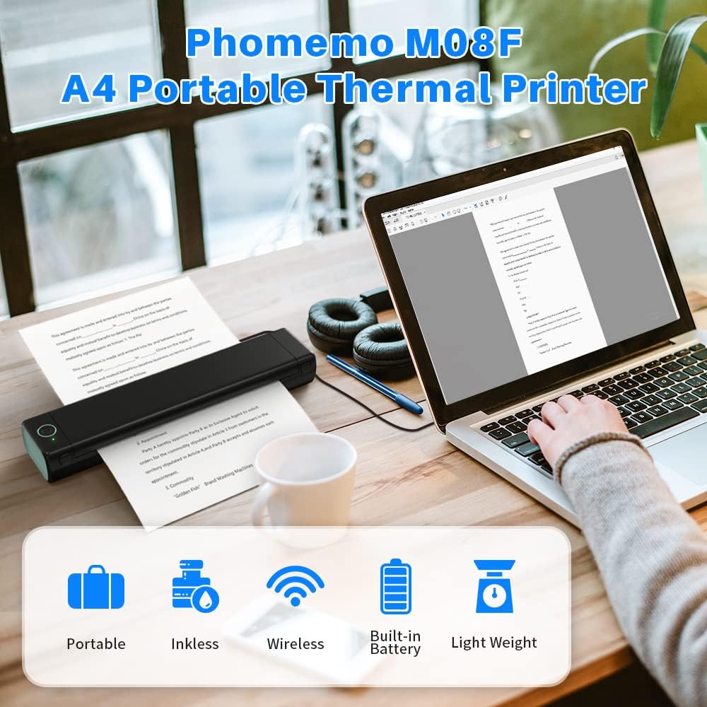 Phomemo M08F A4 Portable Thermal Printer, Supports 8.26"x11.69" A4 Thermal Paper, Wireless Mobile Travel Printers for Car & Office, Bluetooth Printer Compatible with Android and iOS Phone & Laptop