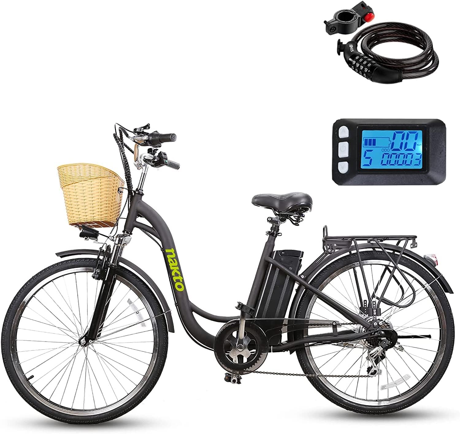 NAKTO 26'' Electric Bike for Adult, Cargo Electric Bicycle Camel Style, 250W/350W Brushless Motor and 10.5Ah Removable Lithium Battery| Commuting Essentials (Free Basket and Lock)