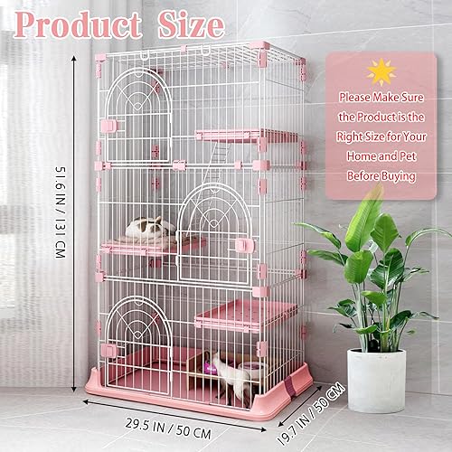 Hamiledyi Indoor Cat Cage 52 Inches Cat Villa Large Pet Crate with 3 Platforms and 1 Ramp Ladders Metal Cat Playpen with 3 Doors Outdoor Cat Enclosures Kitten Cage for Small and Medium Pets (Pink)