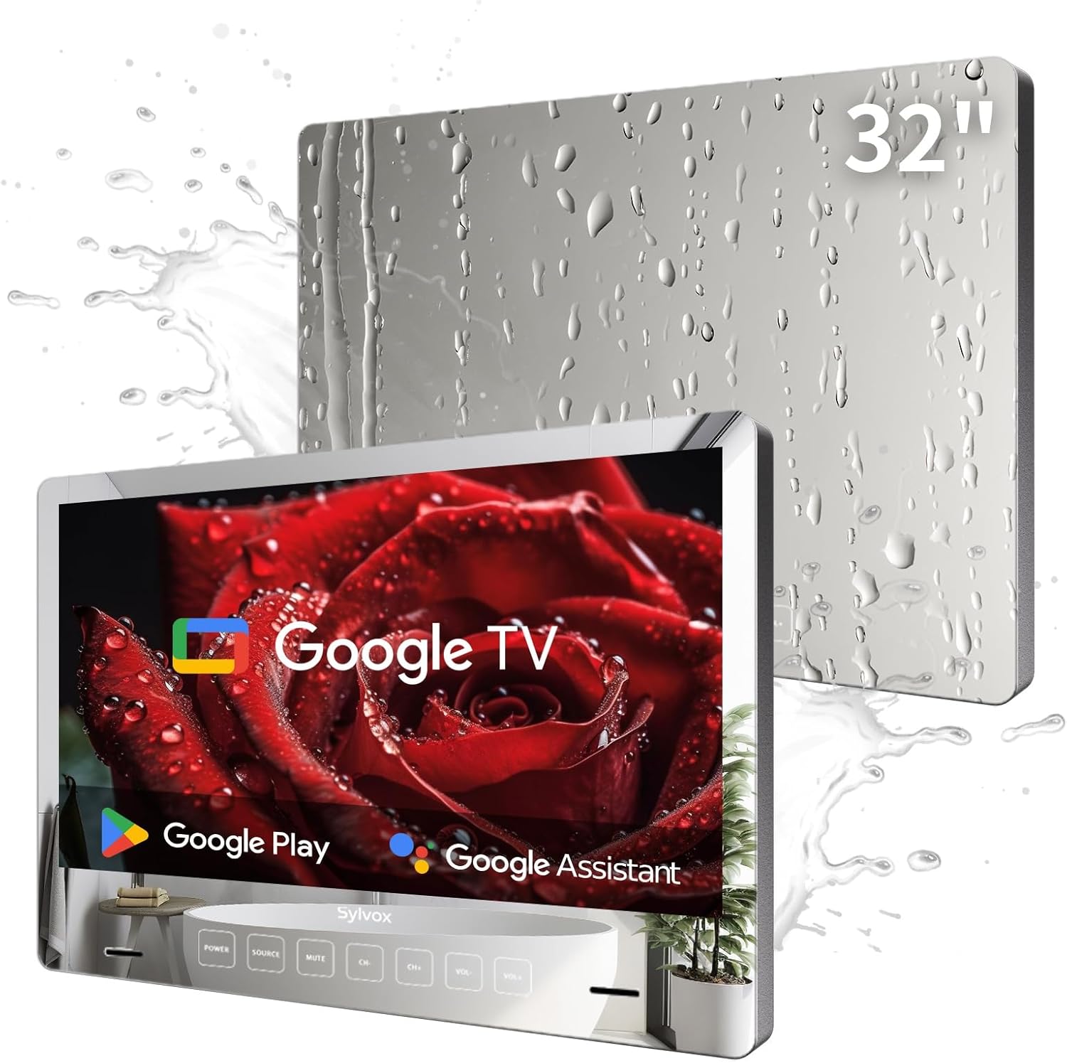 SYLVOX 32 inch Bathroom TV, 1080P Smart Mirror TV Google System NTSC & ATSC Tuner Support WiFi Bluetooth 500 nits High Brightness, IP66 Waterproof TV for Bathroom Bathtub Hotel Shower Spa (Wall Mount)