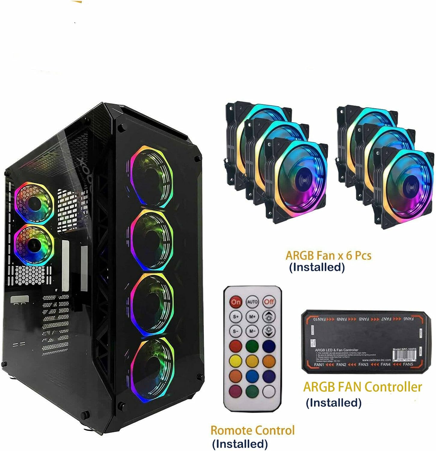 A17 Series Phoenix Full-Tower E-ATX/ATX/M-ATX Computer Gaming Case with 3-Sided Reinforced Glass, USB 3.0, 6 ARG Light-Emitting 12cm Fans with 1 ARGB Fan Controller