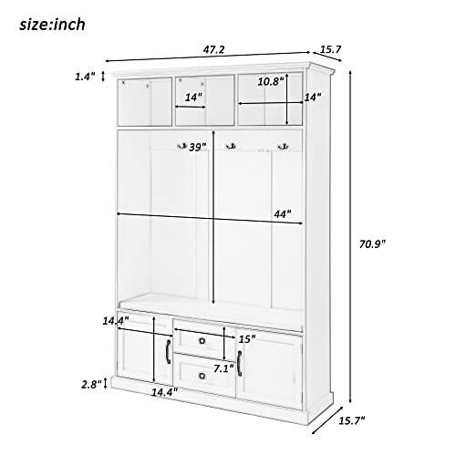 47'' Widen Hall Tree Coat Hanger with 3 Hooks and Storage Bench, Beige 3-in-1 Design Wood Entryway Coat Rack with Open Storage Shelves and Shoe Bench for Entrance Hallway Beige(White-47)