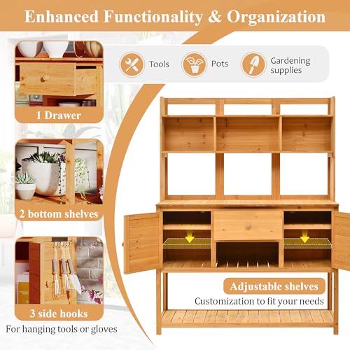 Outdoor Wooden Potting Bench Table – Farmhouse Garden Workstation with Drawers, Cabinet & Storage Shelves, Large Fir Wood Work Table for Patio, Backyard, Mudroom, Greenhouse (Light Brown, 66''H)