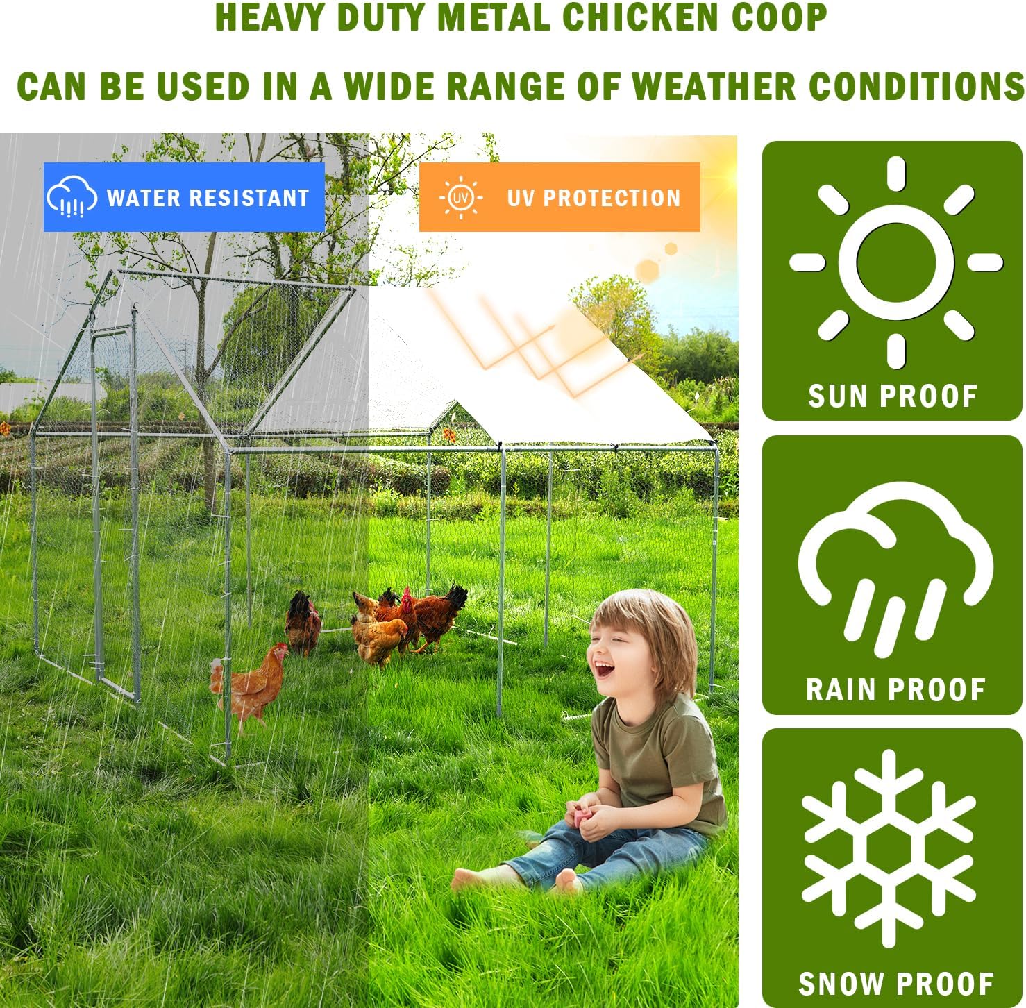 Large Metal Chicken Coop, Outdoor Metal Chicken Run with Waterproof and Anti-Ultraviolet Cover for 10-20 Chickens, Walk-in Poultry Cage for Chicken, Duck, Rabbit, Dog (9.84'×9.84'×6.46')