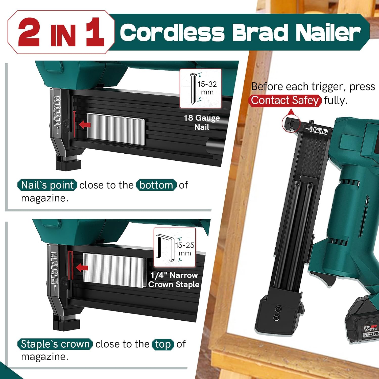 NEU MASTER Cordless Nail Gun Battery Powered, Battery Brad Nailer/Staple Gun NTC0023 20V Max. Battery and Charger Included for Upholstery, Woodworking and Carpentry