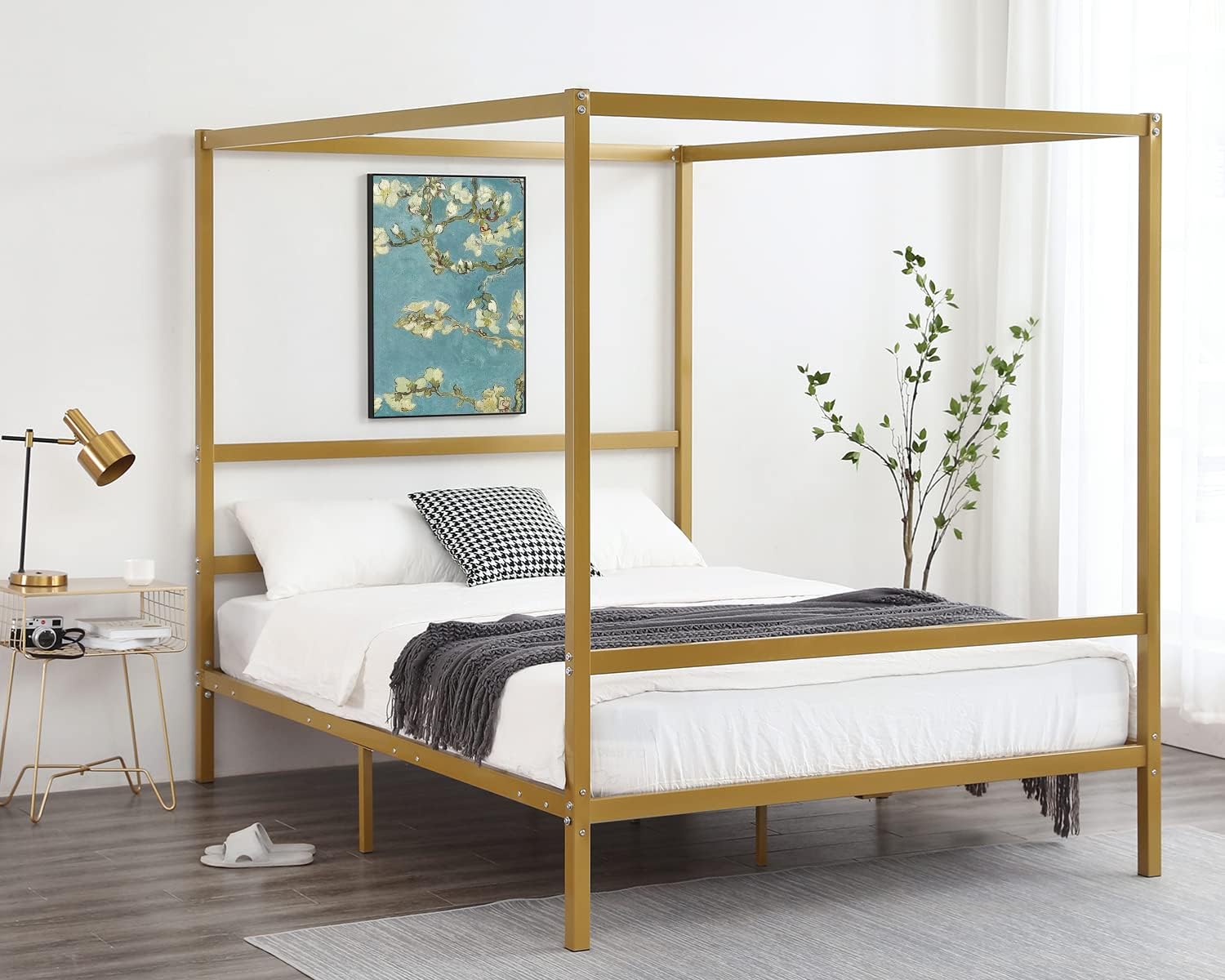 VINGLI Gold Canopy Bed Frame Full Size with Headboard,Gold Bed Full Bohemian Bed Frame,4 Poster Bed with 11 Inch Underbed Storage