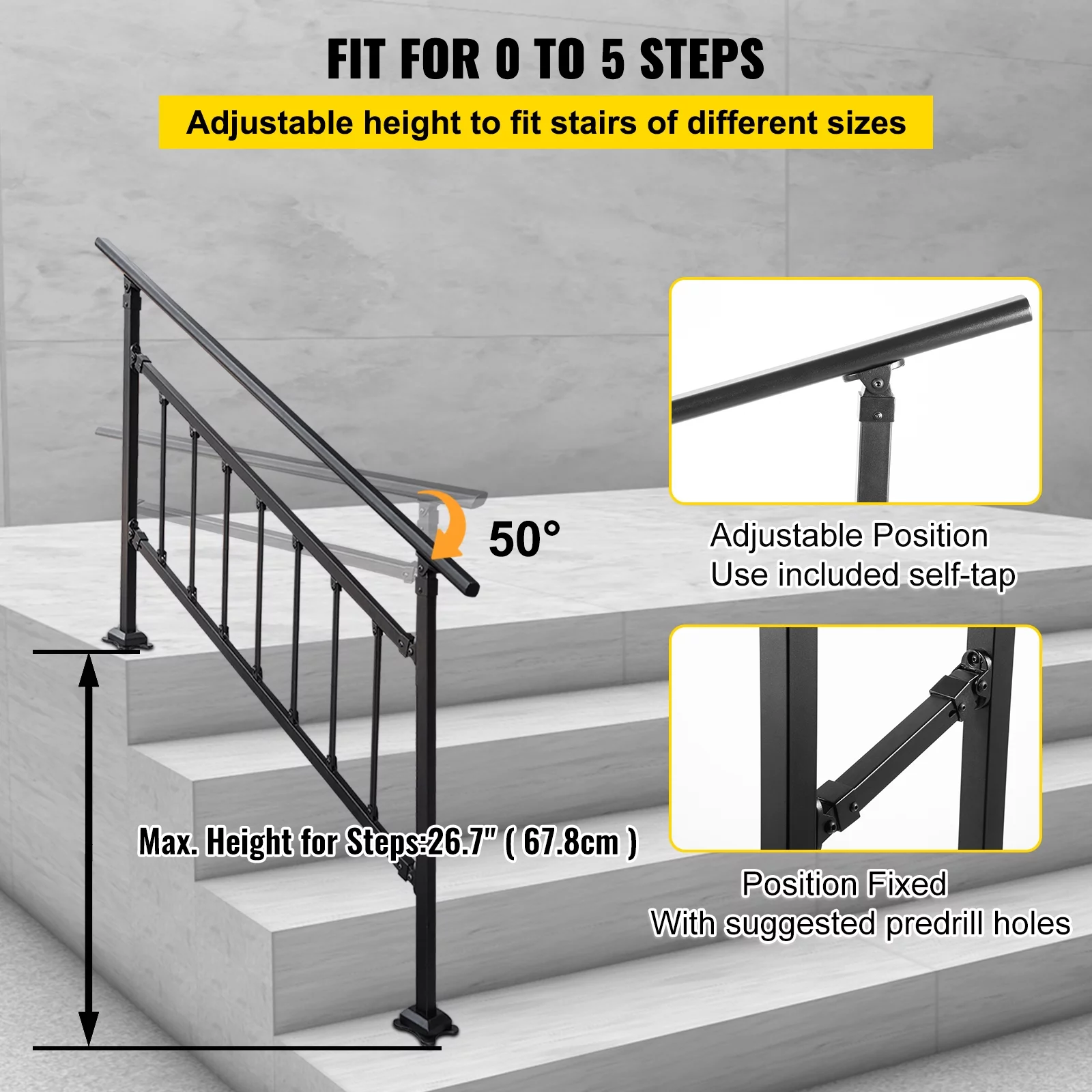 BENTISM Iron Handrail Stair Railing Hand Rail Kit 0-5 Steps Outdoor Black w/ Bars