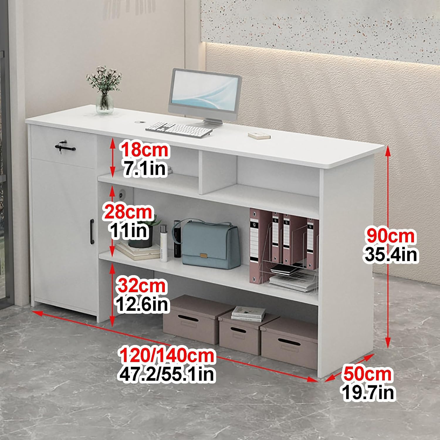 Reception Desk with Counter, Front Desk Reception Counter, Retail Counter Display Shelf & Lockable Drawers, Checkout Counter, for Salon Reception Room Checkout Office (E 2)