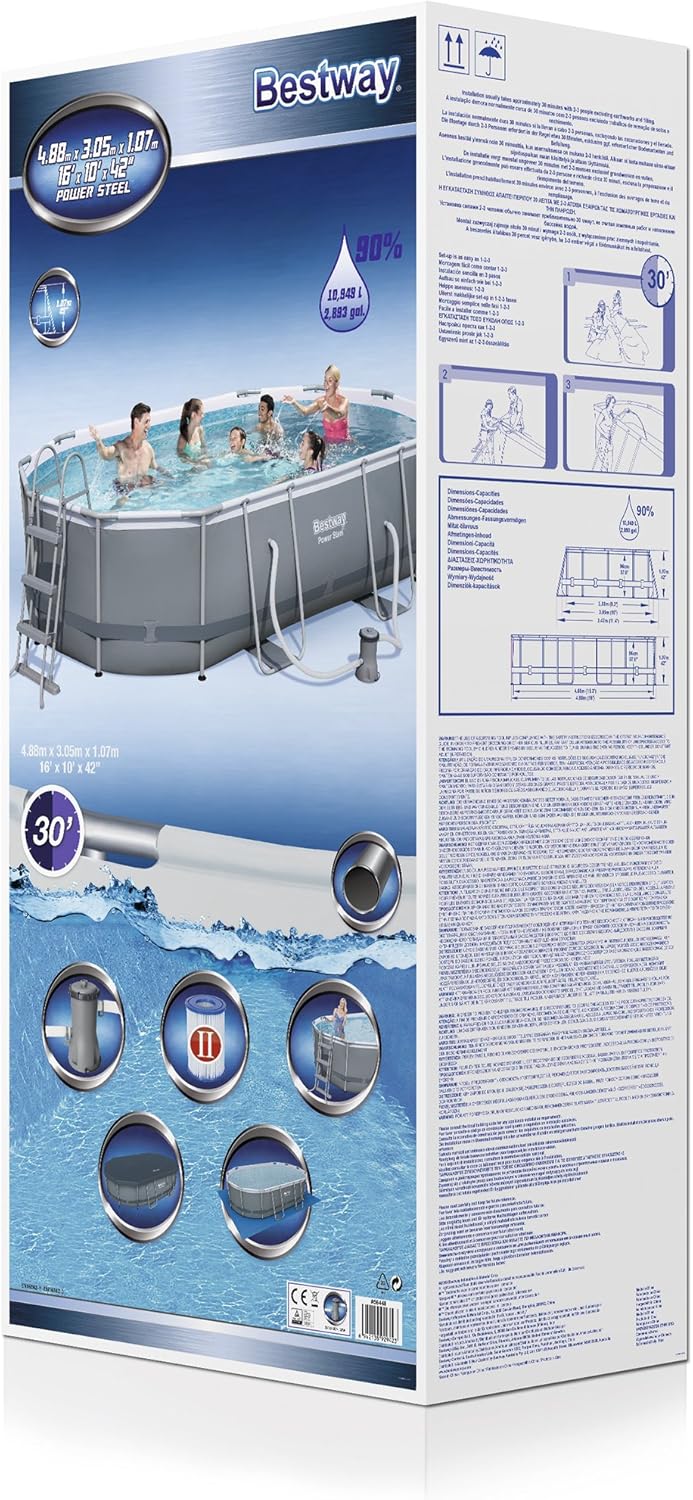 Bestway Power Steel Oval Frame Swimming Pool Set Dark Grey with Filter Pump and Accessories 488 x 305 x 107 cm