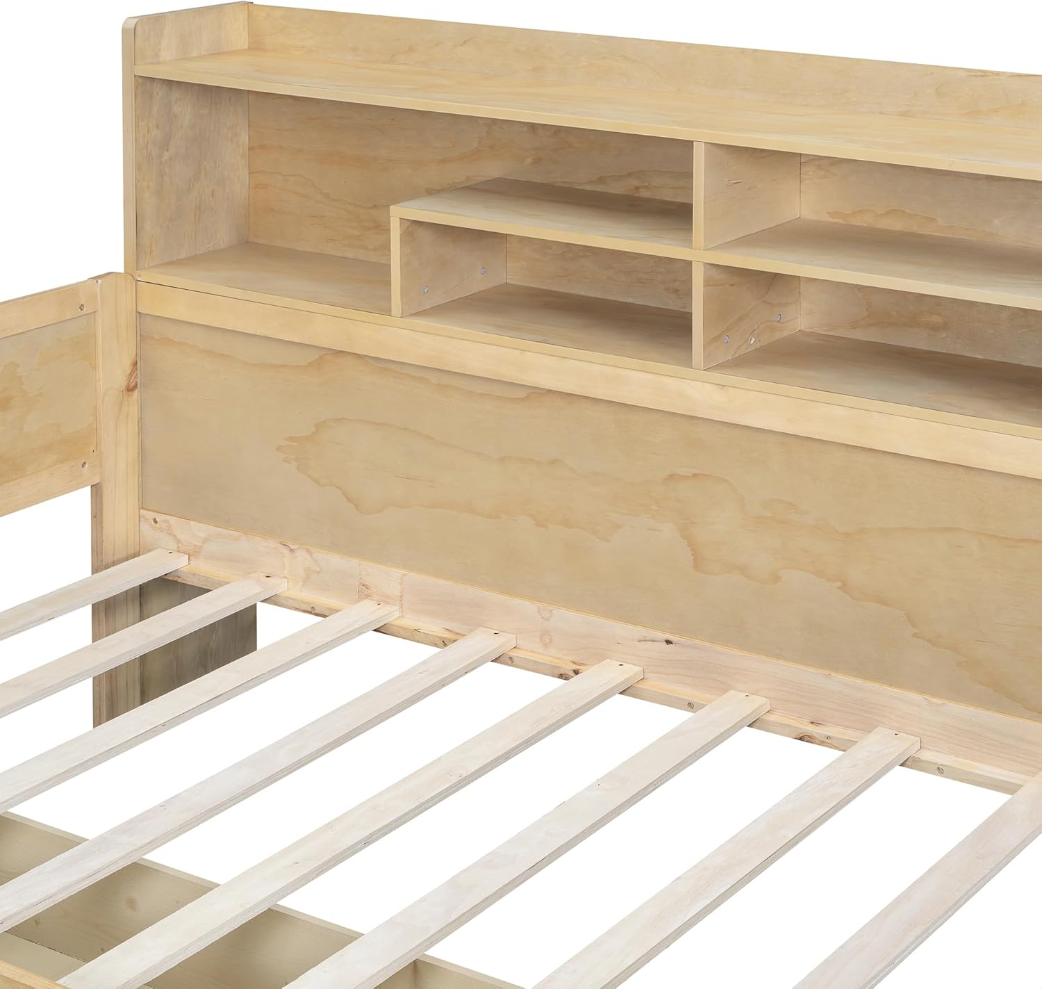 Twin Size Wooden Captain Bed Daybed with Storage Bookshelf, Study Desk and 2 Drawers, Multi-functional Storage Bed Frame for Bedroom Furniture, Space-Saving, Natural