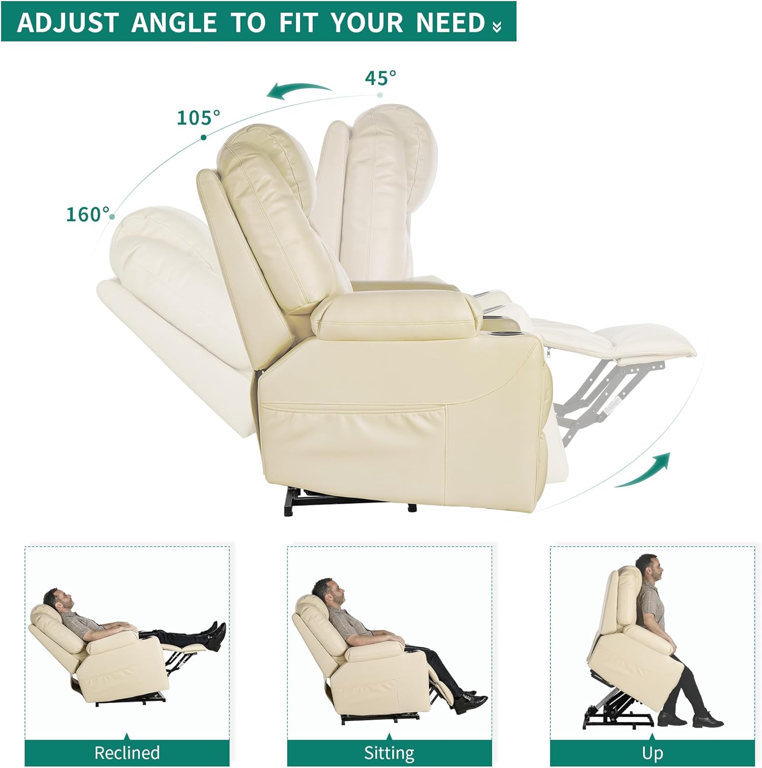 YITAHOME PU Power Lift Recliner Chair with Massgae and Heat for Elderly, Lift Chair with Remote Control for Living Room, with 2 Cup Holders Side Pockets, Off White3