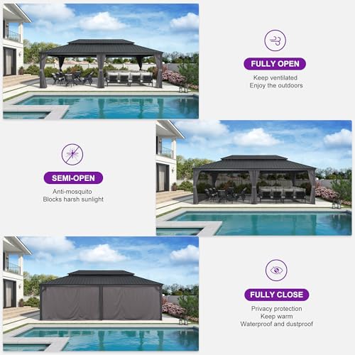 PURPLE LEAF 10' X 14' Permanent Hardtop Gazebo Aluminum Gazebo with Galvanized Steel Double Roof for Patio Lawn and Garden, Curtains and Netting Included, Grey