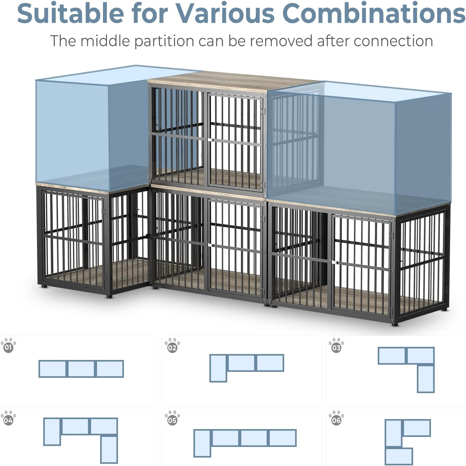 77.64''Dog Crate Furniture Large Breed TV Stand with Double Rooms,Wooden Dog Kennel Dog Crate End Table with Removable Divider for Large Medium Dogs, Can Use Separately