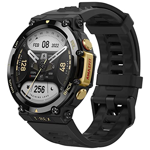 Amazfit T-Rex 2 Rugged Smart Watch, Military Certified, GPS, 24-Day Battery Life, Heart Rate, VO2, SPO2 Monitoring, Pacer, Altitude, 10 ATM Water-Resistant, Sleep Monitoring (Black)