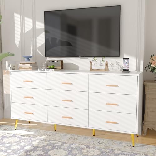 9 Drawer Dresser for Bedroom, 63” Long Dresser with Charging Station, Modern Chest of Wide Drawers with Gold Handles & Storage Pocket, Wood Dresser for Kids Bedroom, Hallway, White