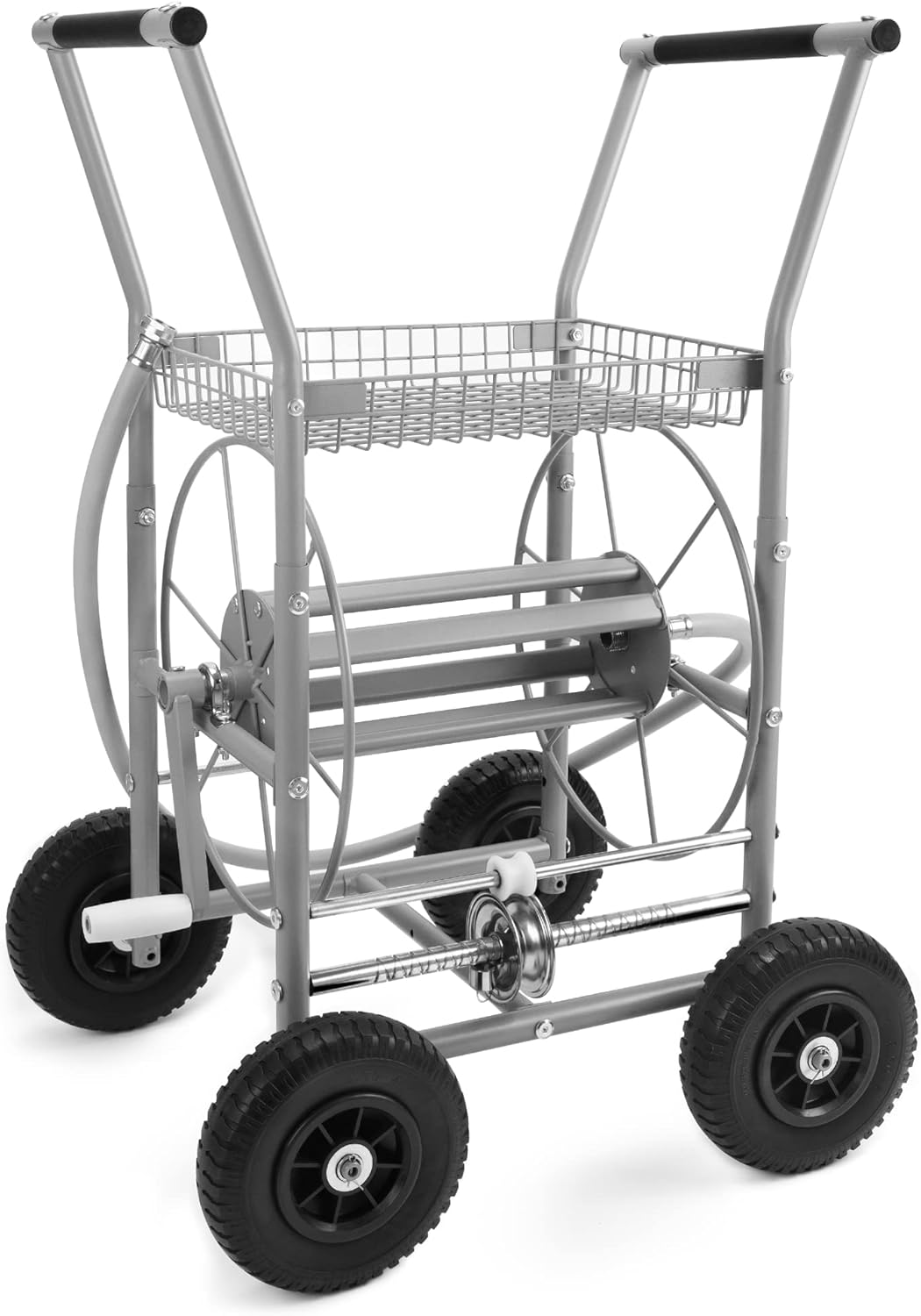SUNNYSTORY All Metal Garden Hose Reel Cart with Hose Guide System, Holds 150 Feet of 5/8 Inch Hose Cart with Solid Tires for Garden, Yard, Lawn