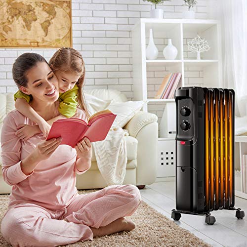GOFLAME 1500W Oil Filled Radiator Heater, Electric Space Heater with 3 Heating Modes, Adjustable Thermostat, Tip-Over & Overheat Protection, Powerful Oil Heater for Home and Office