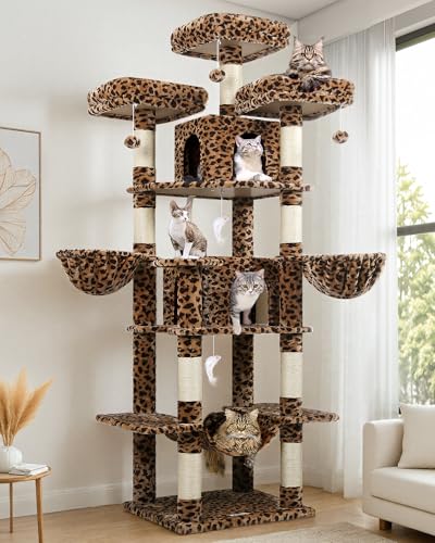 Globlazer Big Cat Tower for Indoor Cats, 80inch Cat Tower for Multiple Adult Cats XXL Cat Tree with Scratching Post, Hammock, 3 Perches, 2 Condos, 2 Hanging Basket, F80, Light Grey