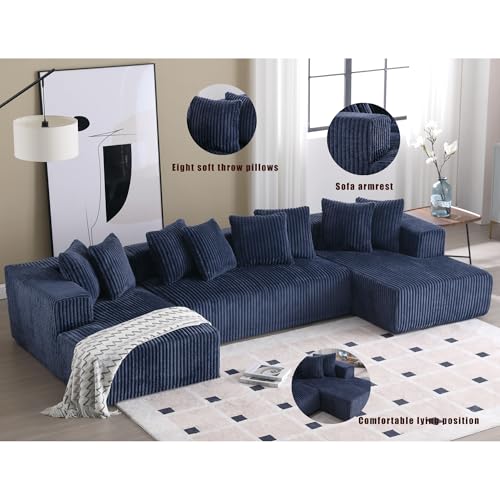 131" Modular Sectional Couch, Comfy Corduroy Striped Fabric Floor Sofa, Luxury U-Shape Sectional Sofa with Chaise Lounge, Free Combination Sleeper Sofa for Living Room, Apartment, Beige
