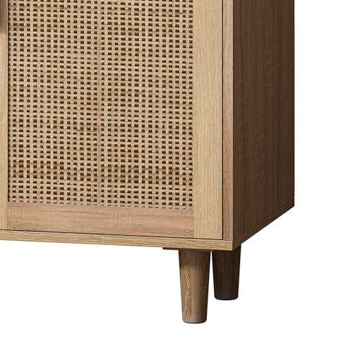 Sideboard Buffet Cabinet with Storage, Storage Cabinet with 4 Rattan Doors, Accent Cabinet with Iron Framework Feet, Sideboard Wooden Console Cabinets for Living Room, Kitchen (Natural)