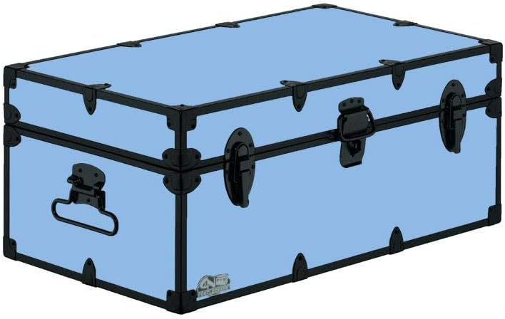 C&N Footlockers - Full-Size Happy Camper Trunk w/Black Trim - #1 Summer Camp Trunk - Made in the USA - Steel Footlocker with Lid Stay - 32 x 18 x 13.5 Inches (Light Blue)