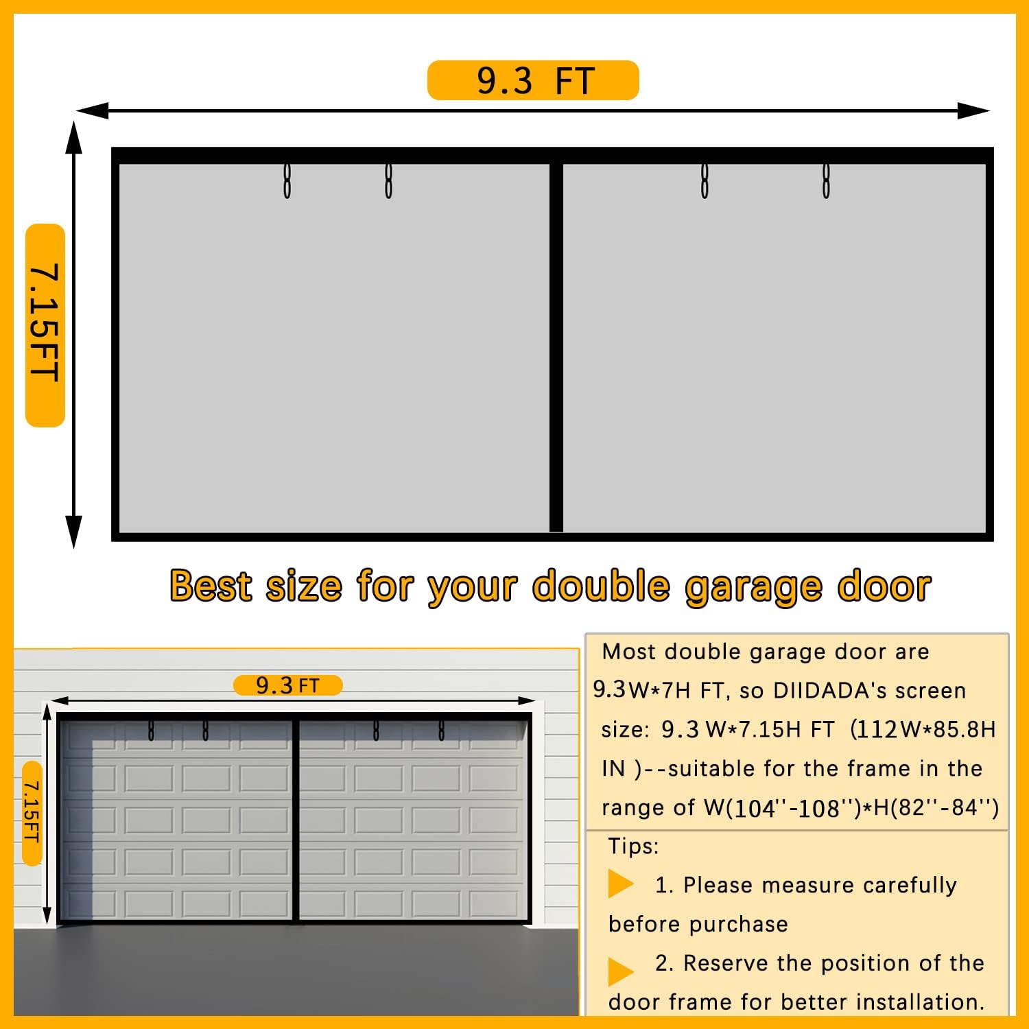 Fiberglass Magnetic Garage Screen Door - Double 16x7ft (2 car) Hands Free Mesh Screen Door，DIY Retractable Garage Door Screen with 6 Roll Up Starps，Easy to Install (16*7FT) Pack of 2