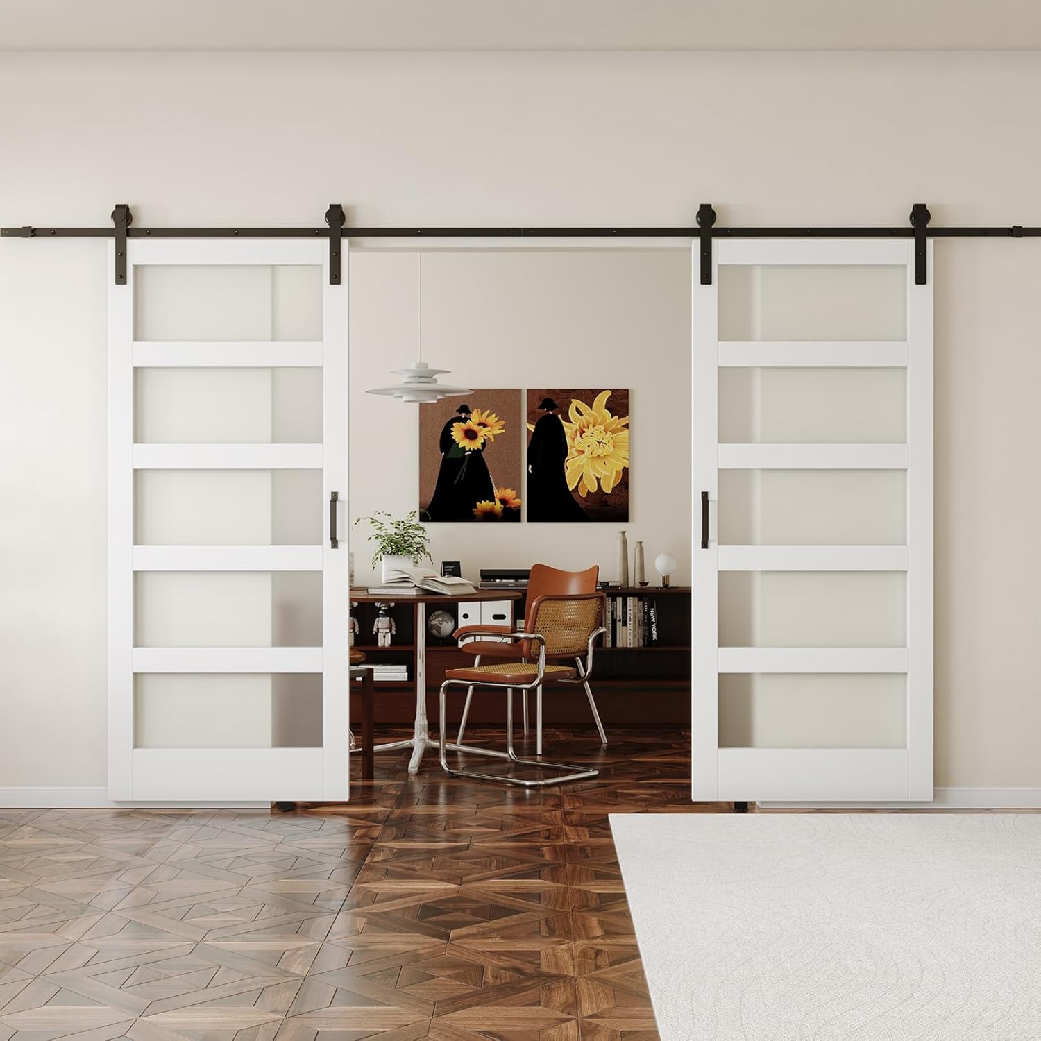 Double Barn Door,36''x84'' Frosted Glass Barn Door x 2, DIY Interior Barn Doors for Home 5 Lattices of Clear Glass Easy Installation for Living Room(No Hardware Include)