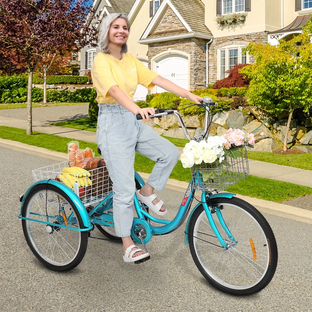 PEXMOR Adult Trike 7 Speed, 24/26 Inch Tricycle for Adult Three-Wheeled Cruiser Bike w/ Folding Front & Rear Basket Adjustable Height Seat for Recreation, Shopping Men's Women's Bike