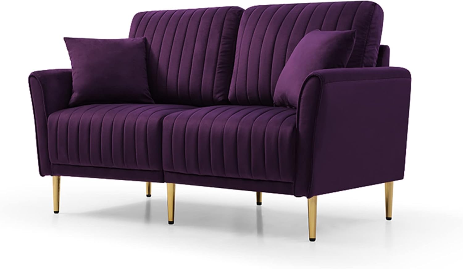 Purple Velvet Upholstered Round Arm Loveseat 2 Seat Sofa with 2 Throw Pillows