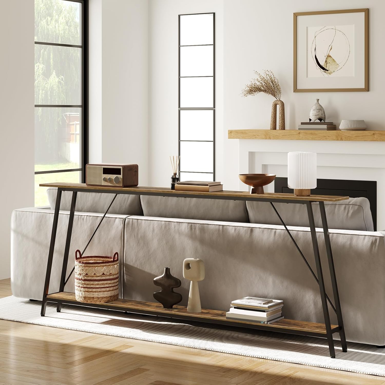 78.7" Console Table and 5.9" Skinny Console Table with Power Outlets Bundle, Extra Long Entryway Table, Narrow Sofa Tables Behind Couch, CT20BR-CT205UBR