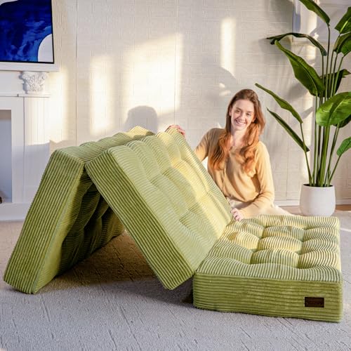 MAXYOYO Tri-Fold Mattress, 6 Inch Tufted Folding Mattress Full Foam Bed, Foldable Floor Mattress Guest Bed Mattress Topper Portable Camping Sleeping Bed with Corded Fabric, Black, 53"x75"