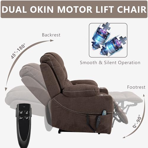 Power Lift Chair Lay Flat Recliner Infinite Position Electric Dual Motor Stand Up Lift Chair with Massage and Heat for Adults,Heavy Duty Recliners with 2 Remote Controls and Two Cup Holders