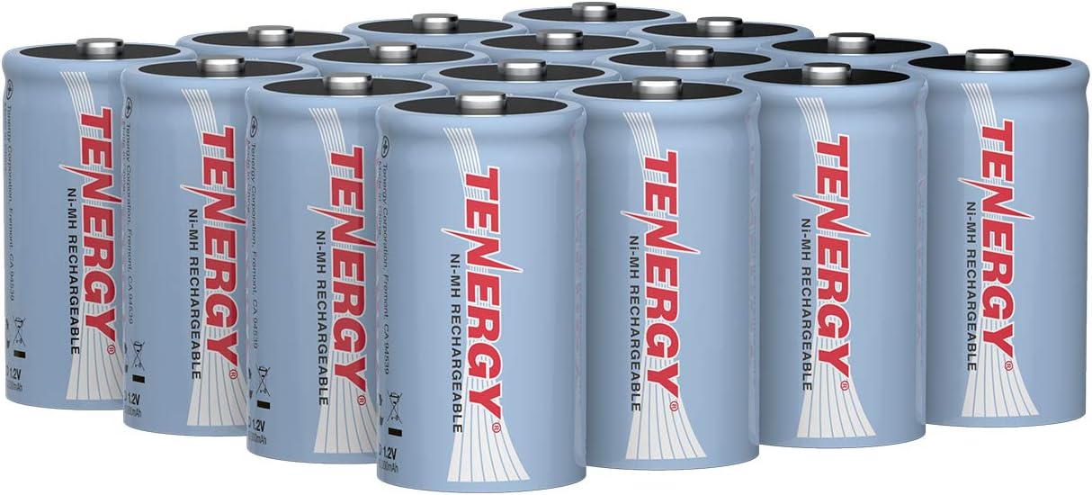 Tenergy 10000mAh NiMH D Battery, Rechargeable High Capacity D Size Battery, High Drain D Cell Batteries for Flashlight, 16-Pack - UL Certified