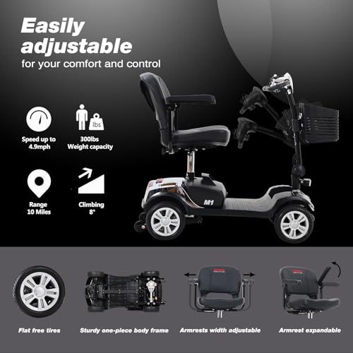 4 Wheel Foldable Electric Mobility Scooter for Seniors, 300 lbs Compact Heavy Duty Mobile, Long Range Power Extended Battery with Thickened Seat and Front LED Light for Travel, Elder, Adults (Blue)