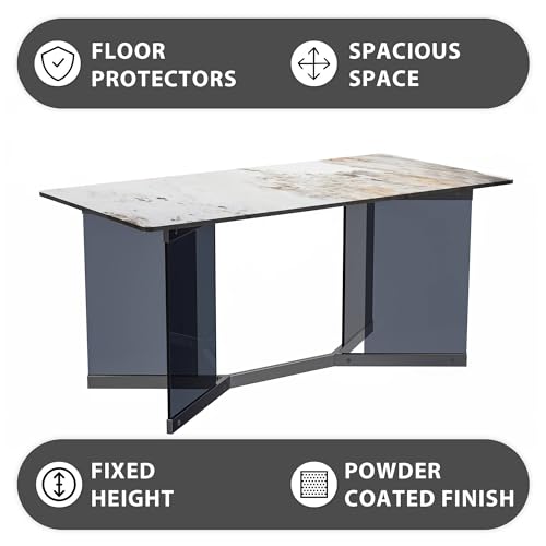 LeisureMod Modern Rectangular Table with Glass/Sintered Stone Top and Stainless Steel Base, 4 to 8 People for Dining Room and Kitchen Oryn Series, 71 Inch, Medium Grey