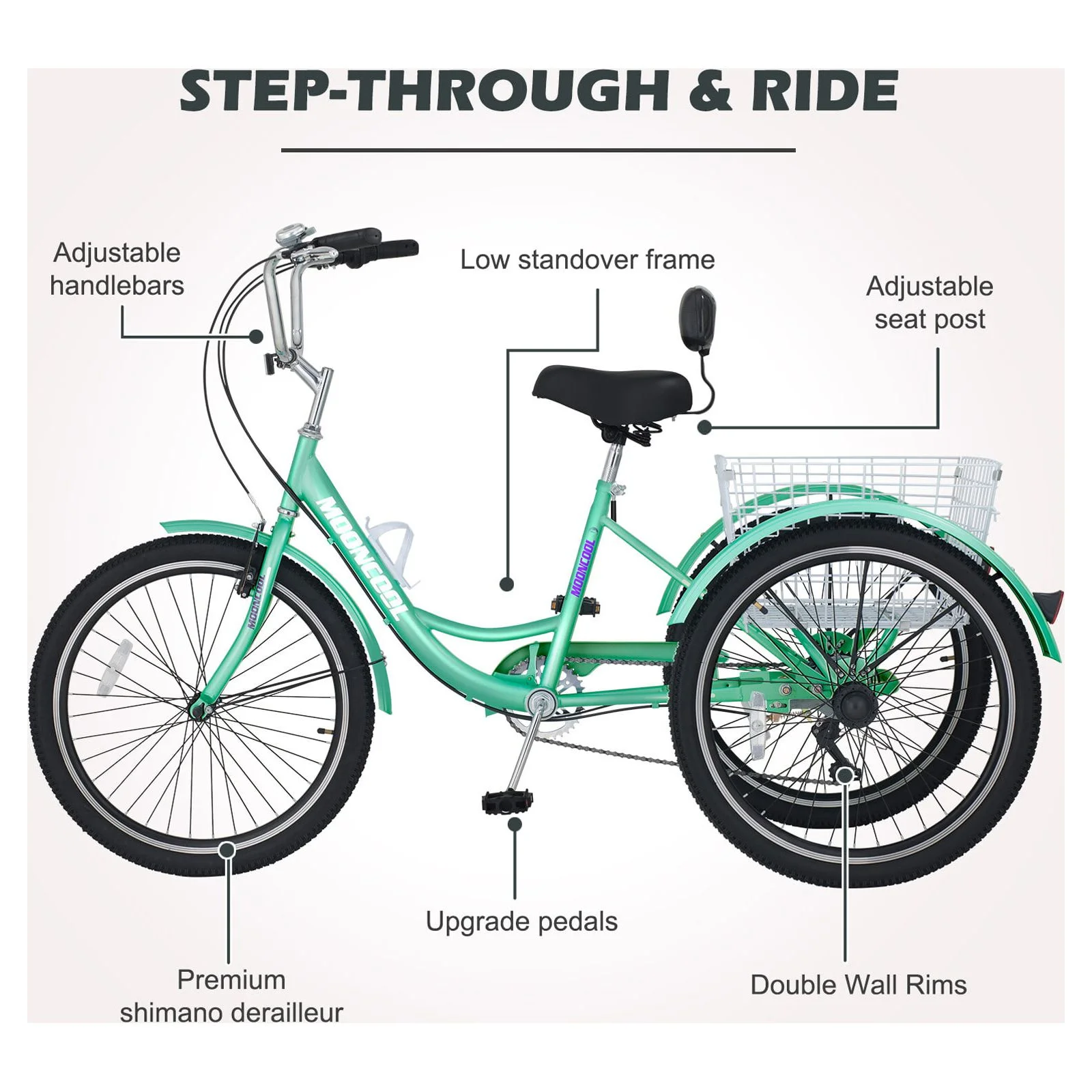 LILYPELLE 24 Adult Tricycle 7 Speed, Three Wheel Bikes for Adults 400lbs,Low-Step Through Trike Cruiser for Exercise Shopping Outdoor Activities,Cyan