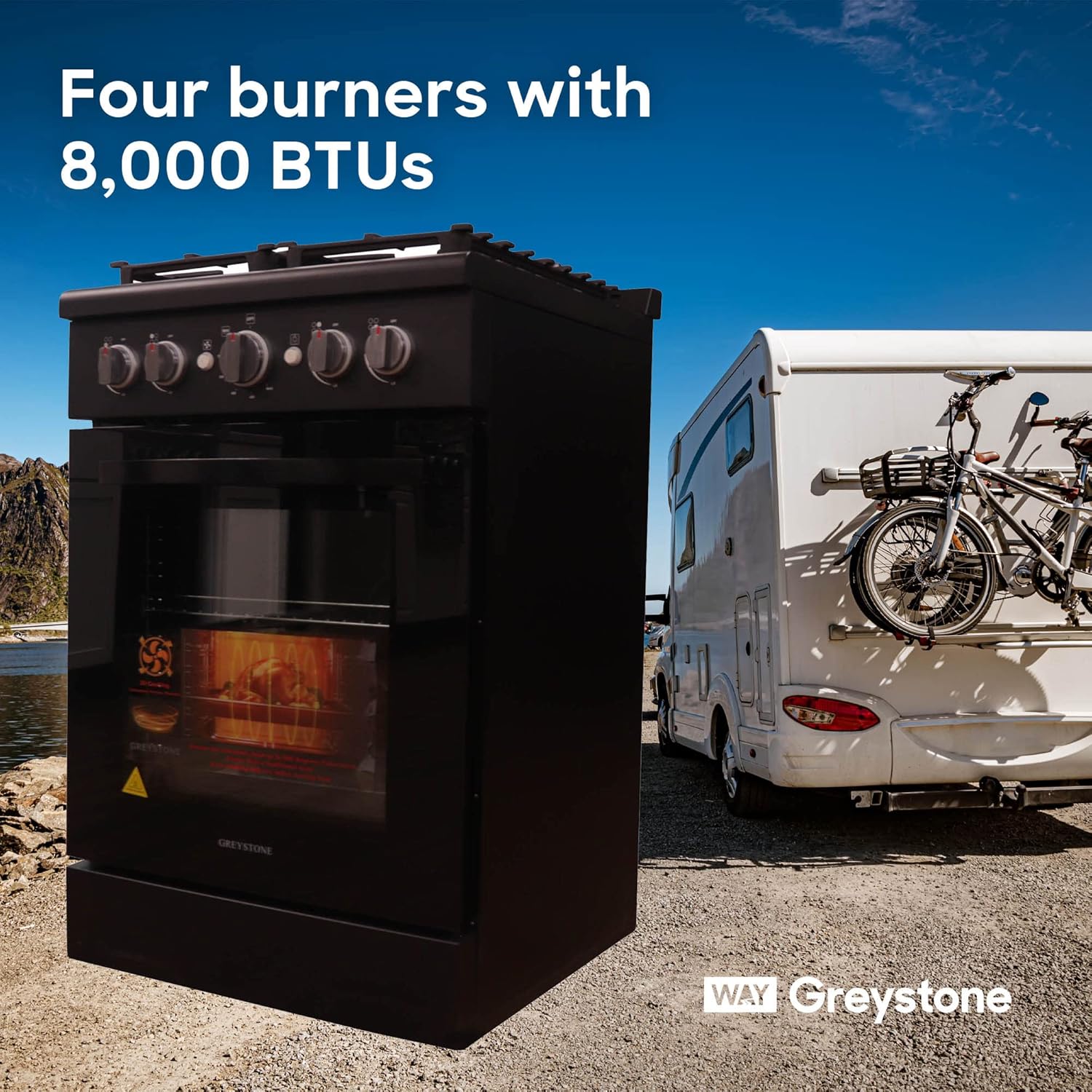 Greystone, 24 Inch Slide-In RV Gas Range, Stove and Oven Combo, 110 Volt, LP, 4 Burners, Black