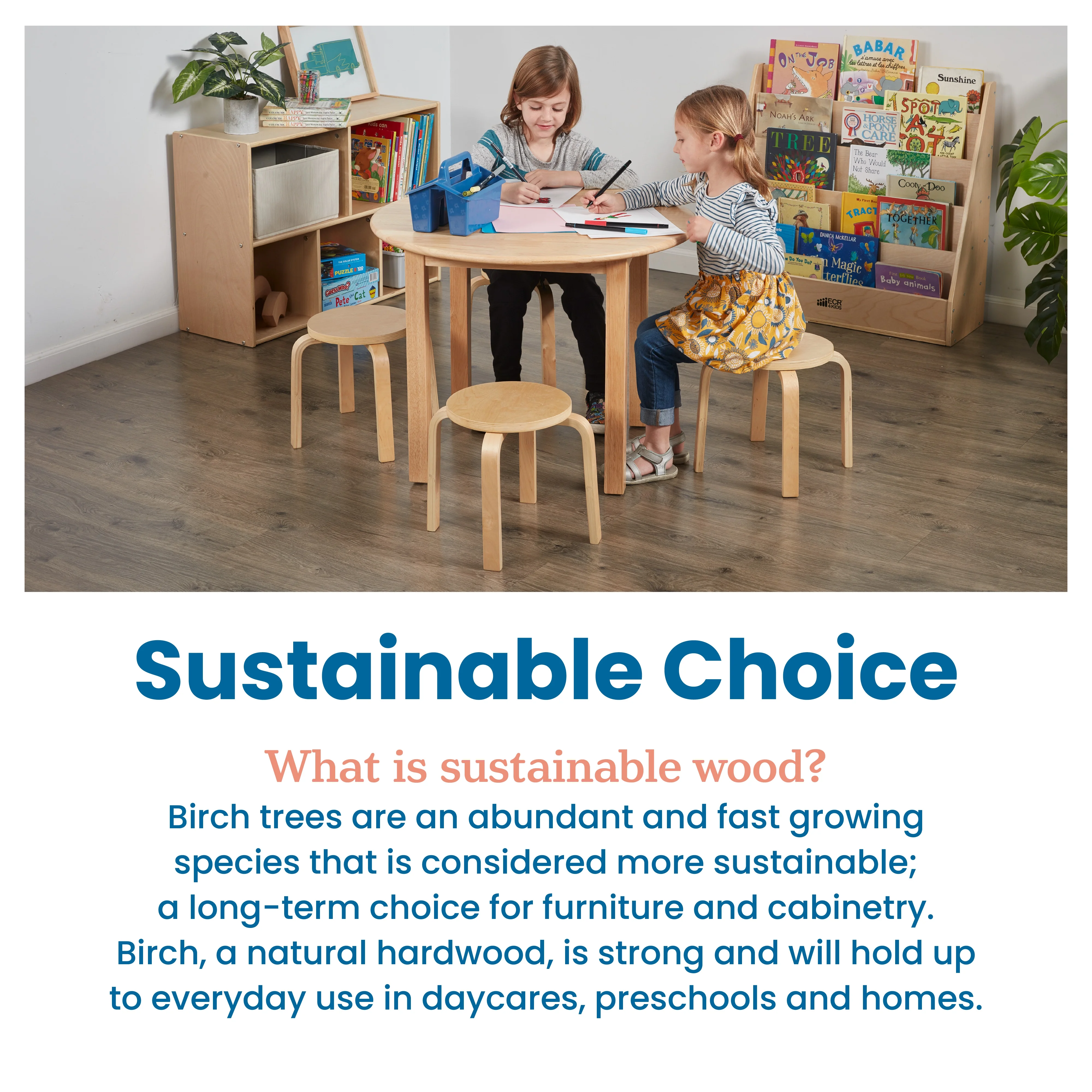 ECR4Kids Bentwood Round Table and Stool Set, Kids Furniture, Natural, 5-Piece