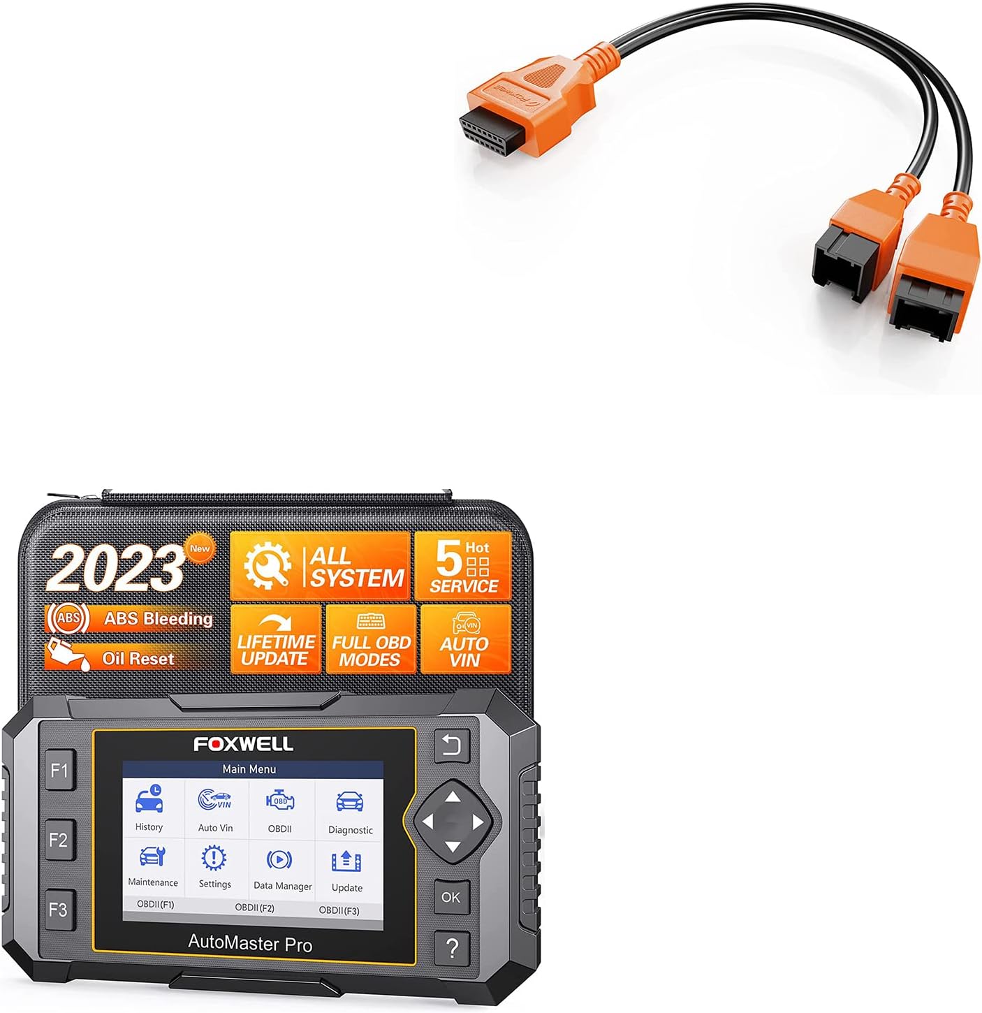 FOXWELL OBD2 Scanner NT624 Elite All Systems 5 Resets and Universal 12+8 Cable Adapter Connector