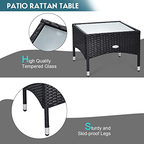 COSTWAY 3 PCS Patio Wicker Conversation Set, PE Rattan Sofa with Tempered Glass Coffee Table, 2 Chairs, 2 Cushions, Outdoor Patio Furniture Set for Yard Porch Bistro Balcony Backyard Pool, Red